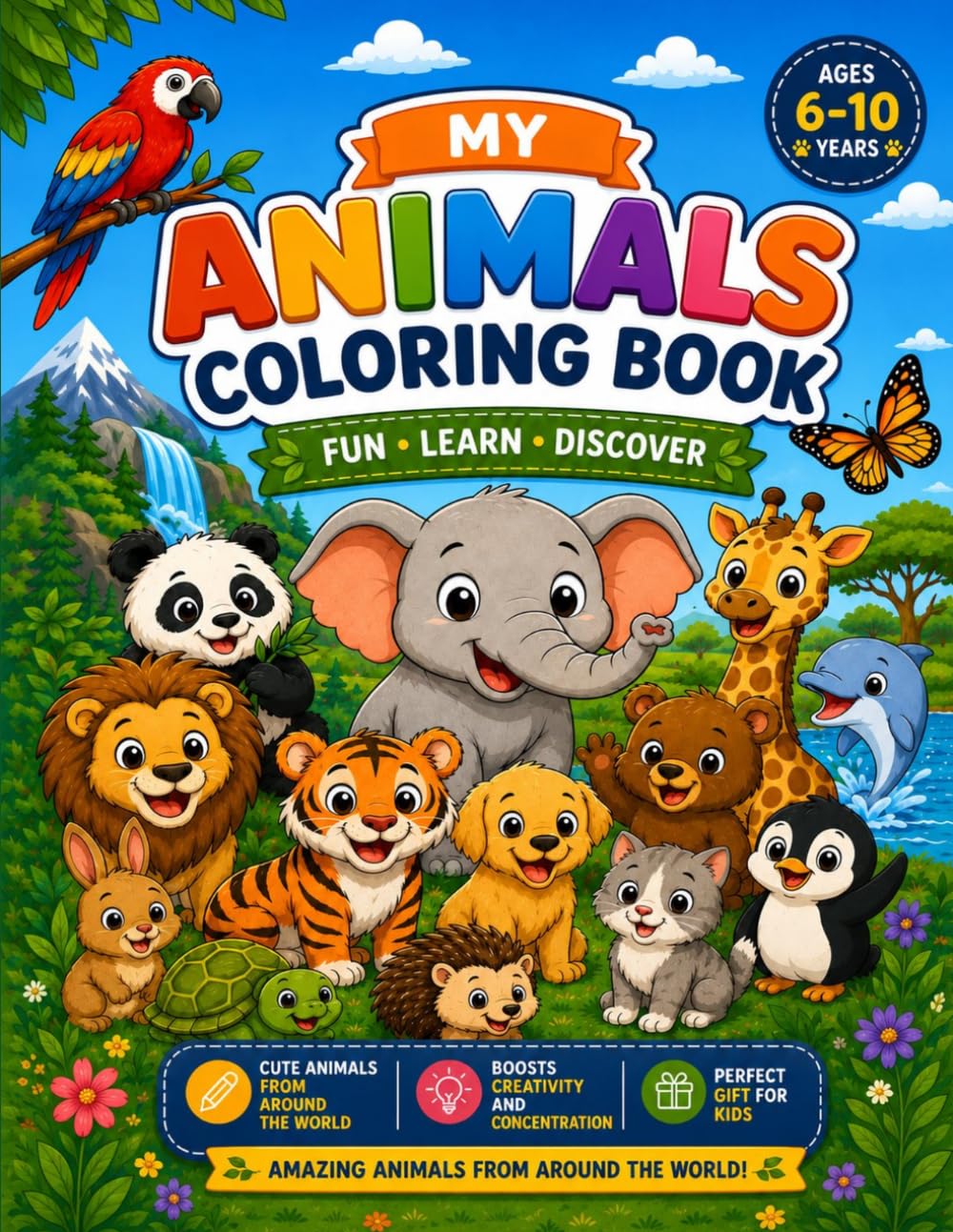 Animals Coloring Book for Kids: 100 Cute Chibi Coloring Pages with Farm Animals, Forest Friends, Ocean Creatures and Zoo Animals for Kids Ages 6-10