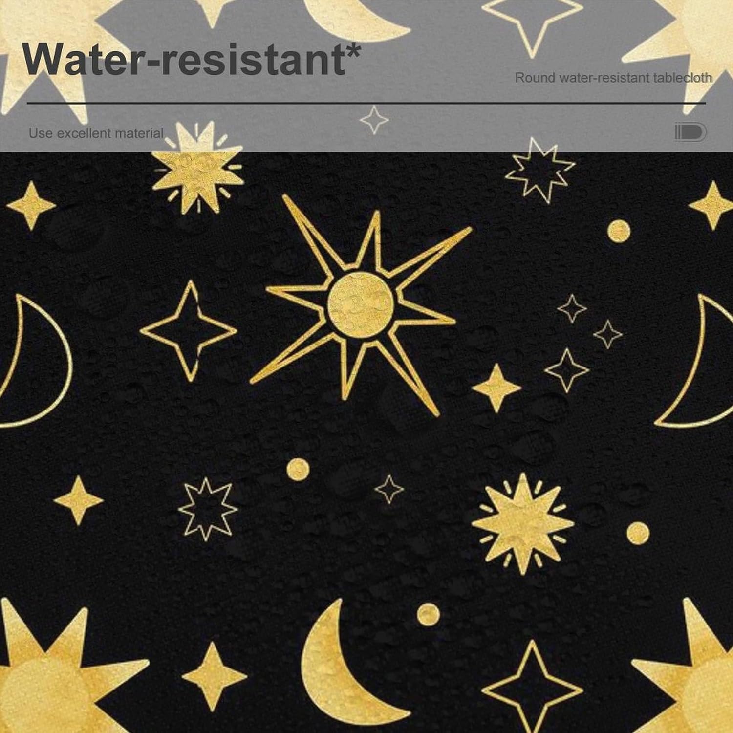 Sun Moon Stars Round Table Cloth, Gold Celestial Tablecloth Circle Table Cover for Home Kitchen Dining Room Party Outdoor Picnic, 70x70 Inch Round