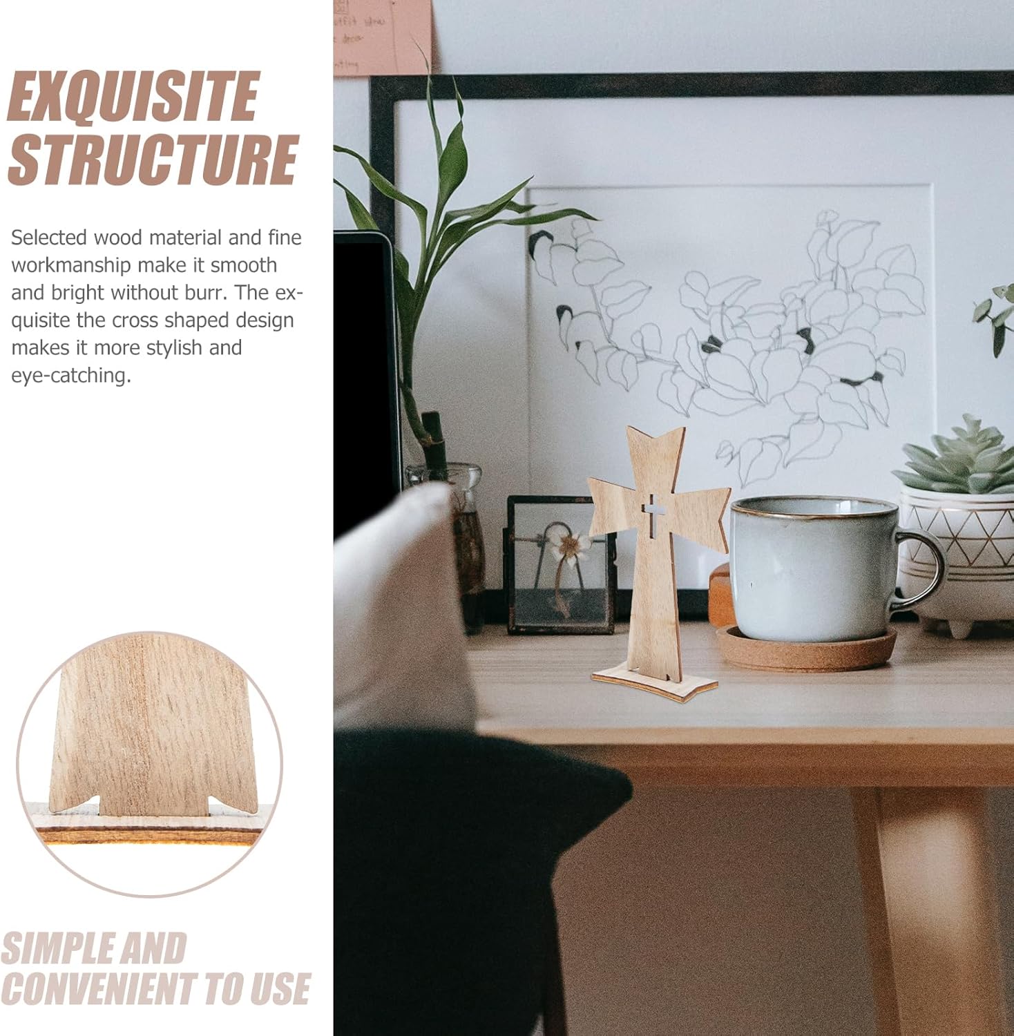 Amosfun Wooden Cross Craft with Stand Base - Creative Household Decor for Bedroom Desktop Religious and Holiday Decoration
