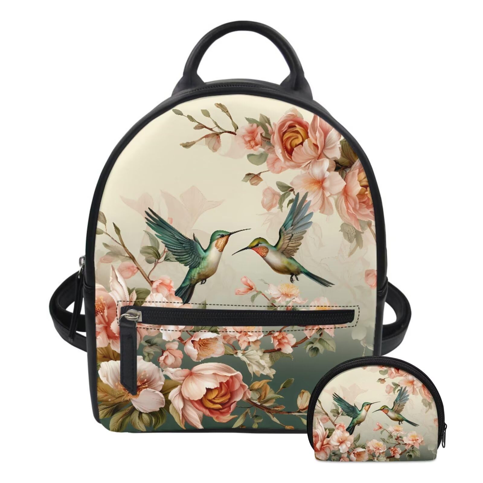 Freewander Peony Hummingbird Print, Mini Backpack Purse Set for Girls Gift Leather Rucksack Wallet for Teen Girls Mini Daypack Travel Bag Bookbag Coin