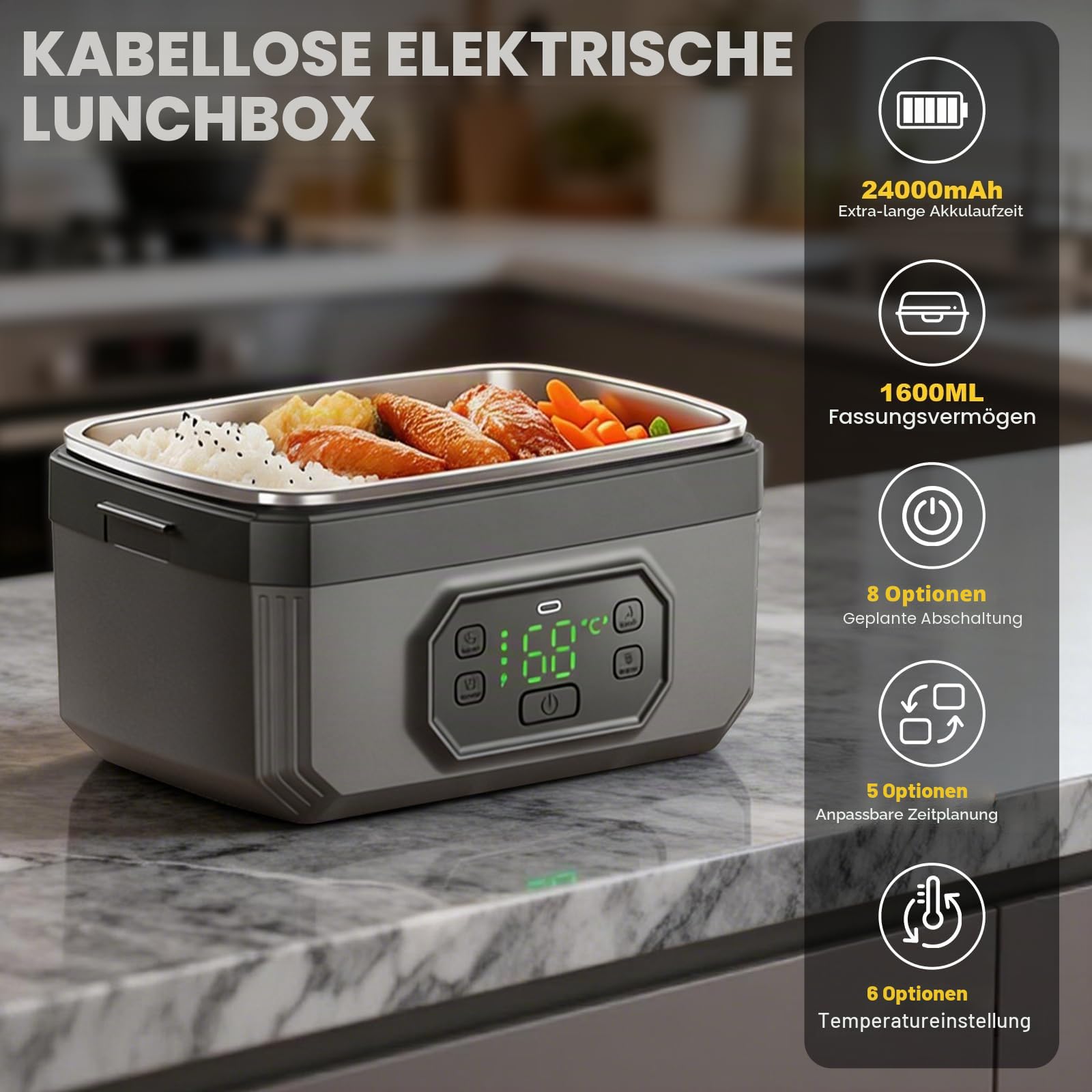 LIROPAU Elektrische Lunchbox, 1.6L Tragbare Elektrische Lunchbox | mit Timer und einstellbarer Heizfunktion, Electric Lunch Box für Arbeit Familie Camping Büro Auto Reisen Auf baustellen