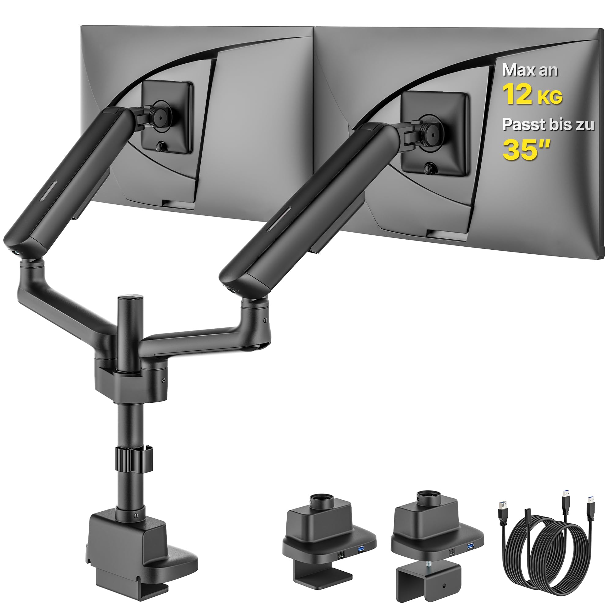 monTEK Monitor Halterung 2 Monitore für 17-35 Zoll Bildschirme | Bis zu 12kg, Hoch Monitor Arm mit USB, 360° Drehbar, VESA 75/100, Neigbar, Schwenkbar, Drehbar