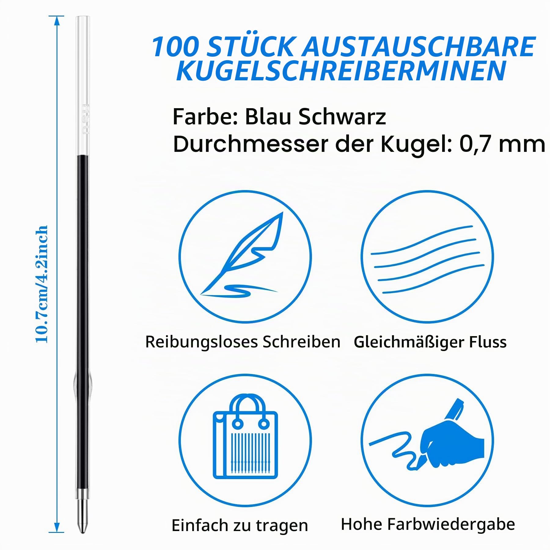 100 Stück 0,7mm Kugelschreiberminen, Schwarz Blau Austauschbare Kugelschreiber Minen Tintenschreiber Ersatzminen Glatte Nachfüllmine für Büro Schule Kugelschreiber