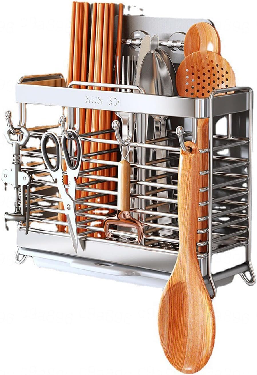VIDECOR Stainless Steel Drainer Rack, Drain Cutlery Holder, Spoon Fork Organizer Bucket, Chopsticks Holer,Kitchenware Tableware Storage Box, Utensils Spatula Storage Stand ,A