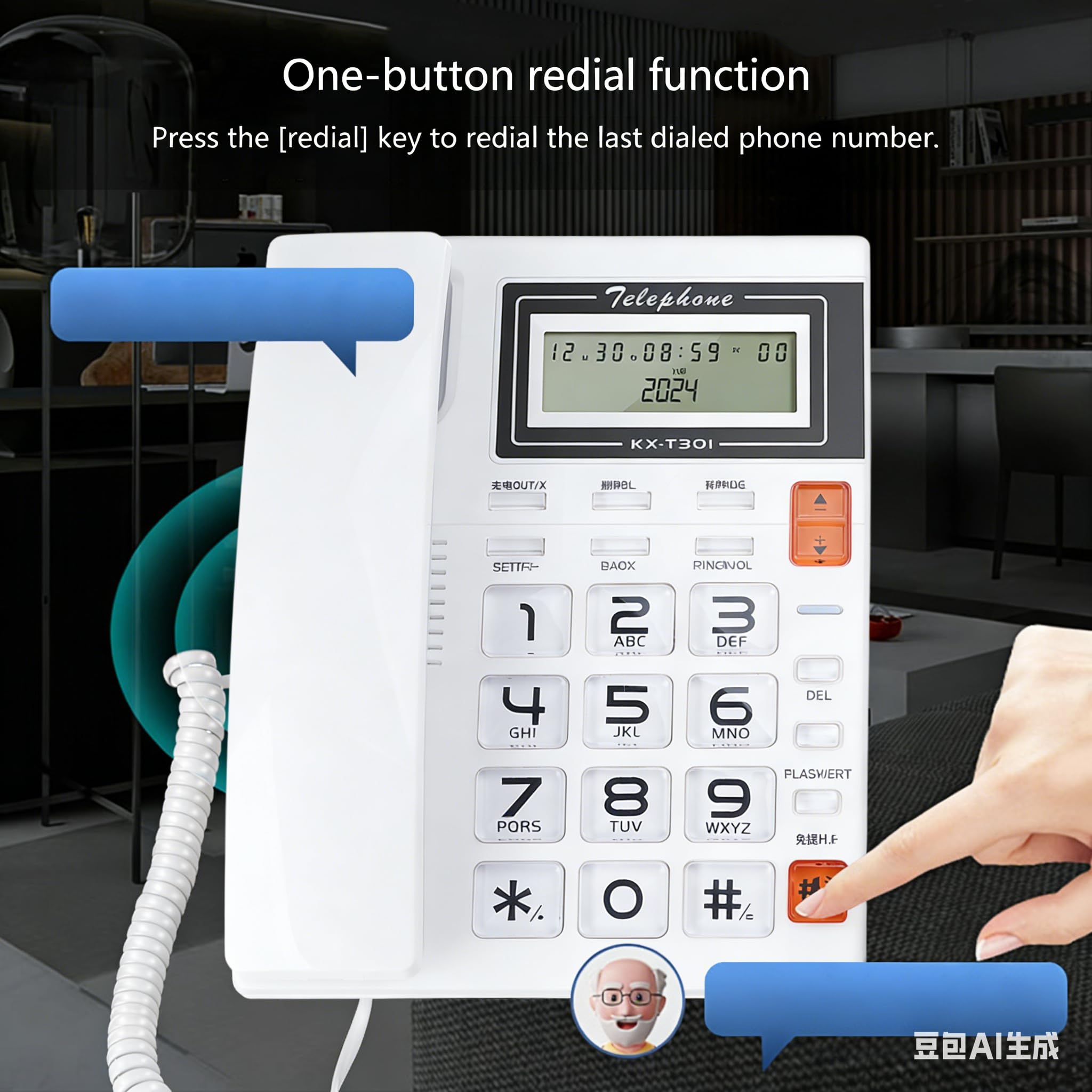 Teléfono con botón grande, teléfono fijo de cristal para personas mayores, comercio, pantalla de llamadas, teléfono con cable de llamadas para el hogar, oficina, hotel