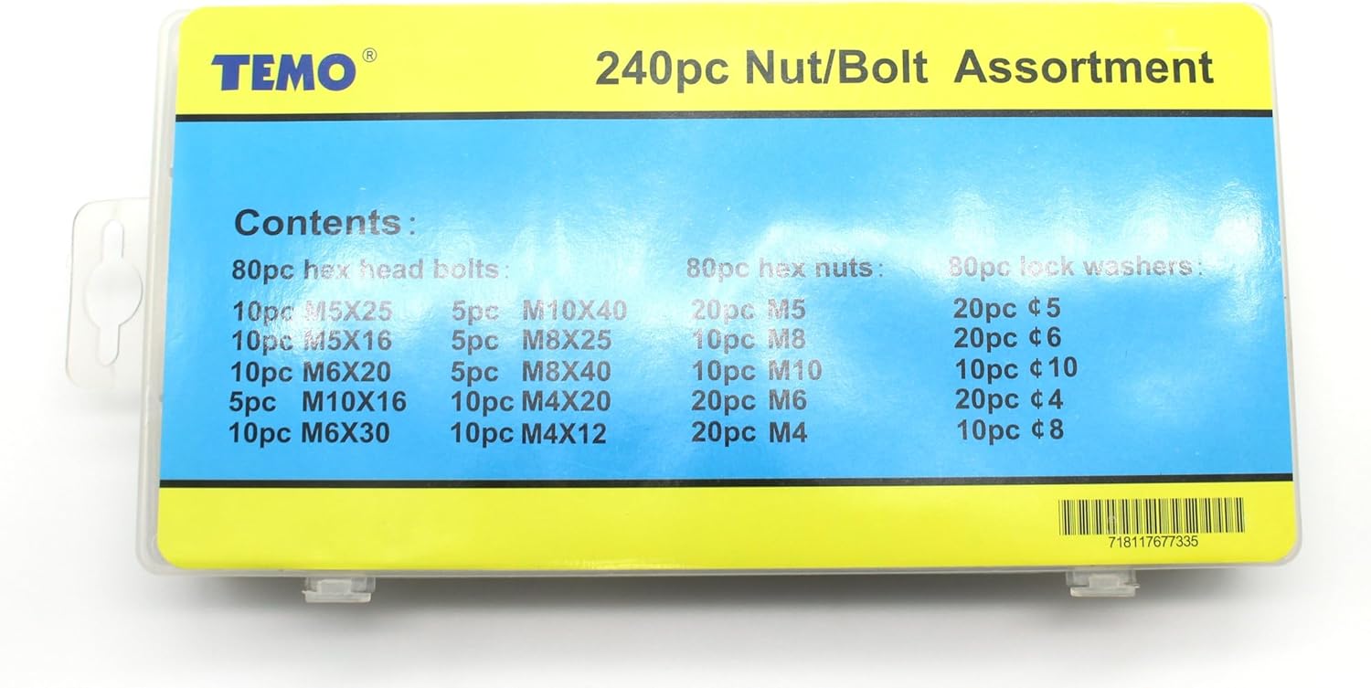 TMAX 240 pc Heavy Duty Nut and Bolt Assortment Set Kit M4 M5 M6 M8 M10