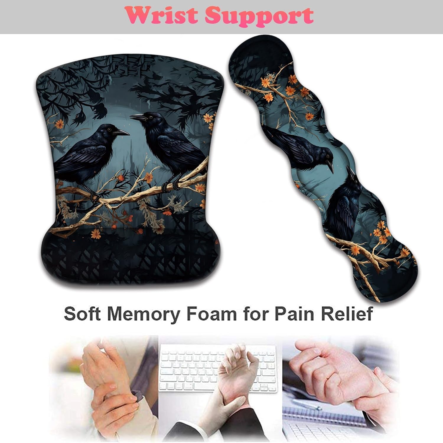 3 in 1 Keyboard Wrist Rest + Mouse Pad and Coaster, Ergonomic Gel Mouse Pad and Keyboard Pad Set, Comfortable Lightweight for Easy Typing Pain Relie, Branch Crow