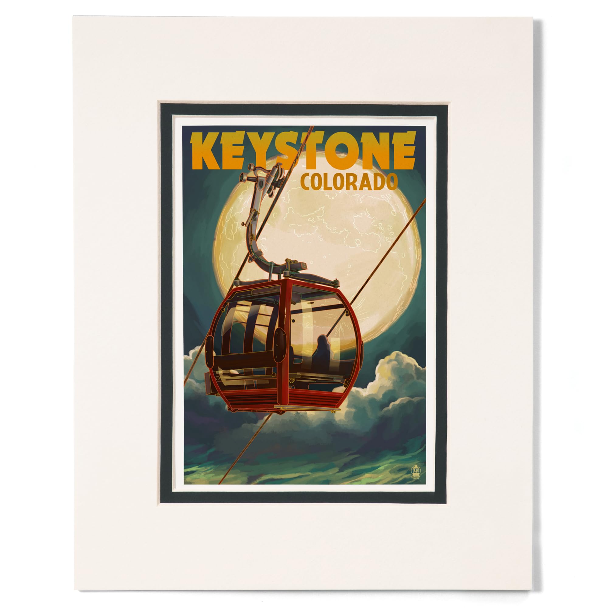 Lantern Press 8x10 Inch Matted Art Print Wall Decor, Keystone, Colorado, Gondola and Full Moon