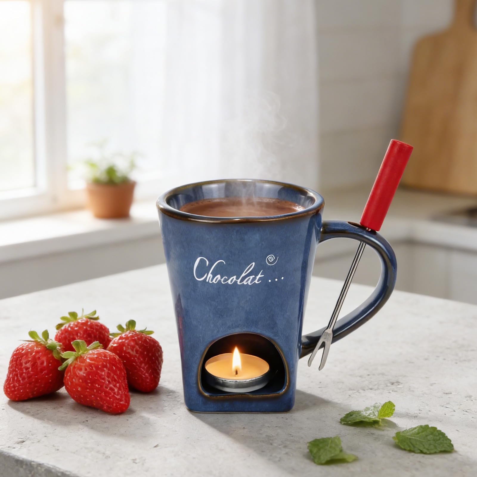 Taza de fondue de chocolate, 130 ml, de cerámica, para fondue de chocolate, juego de vasos con tenedor, juego de fondue de chocolate multiusos para chocolate, queso, mantequilla, caramelo