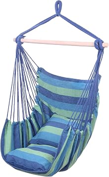 Pillow Tassel Hanging Chair with Cushions, Beige Hammock/Sky Swing Perfect for Indoor Outdoor Bedroom Garden Yard Patio Porch Blue