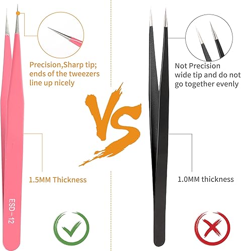 Miniatura 4 de Juego de 6 pinzas de precisión rosa de acero inoxidable antiestático mejorado curvadas de pinzas para mujer para electrónica trabajo de laboratorio