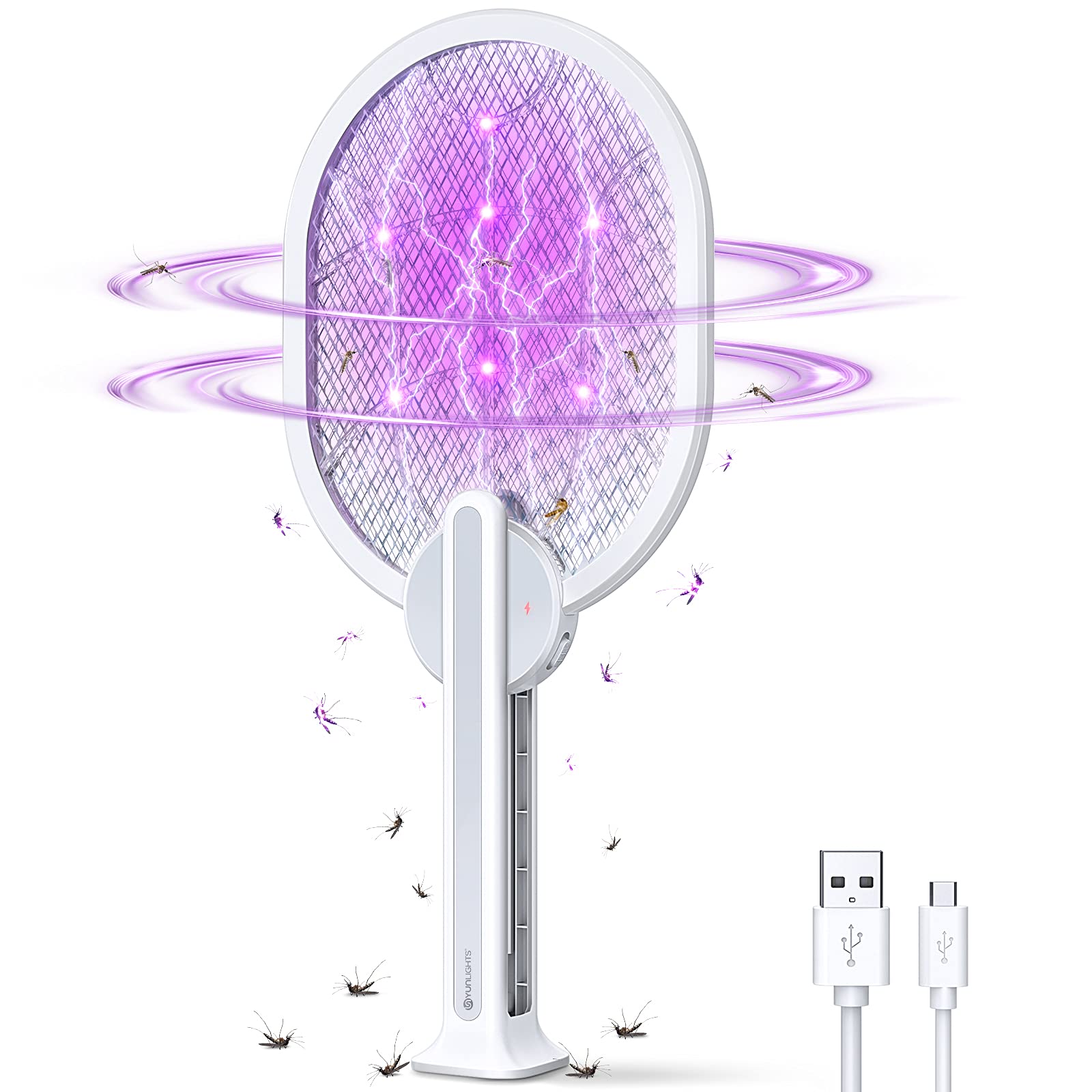 Electric Bug Zapper Racket - YUNLIGHTS 1600mAh USB Rechargeable Fly Swatter, 4000V Mosquito Killer for Indoor Outdoor - 2 in 1 Insect Trap for Table Placing & Hand Holding