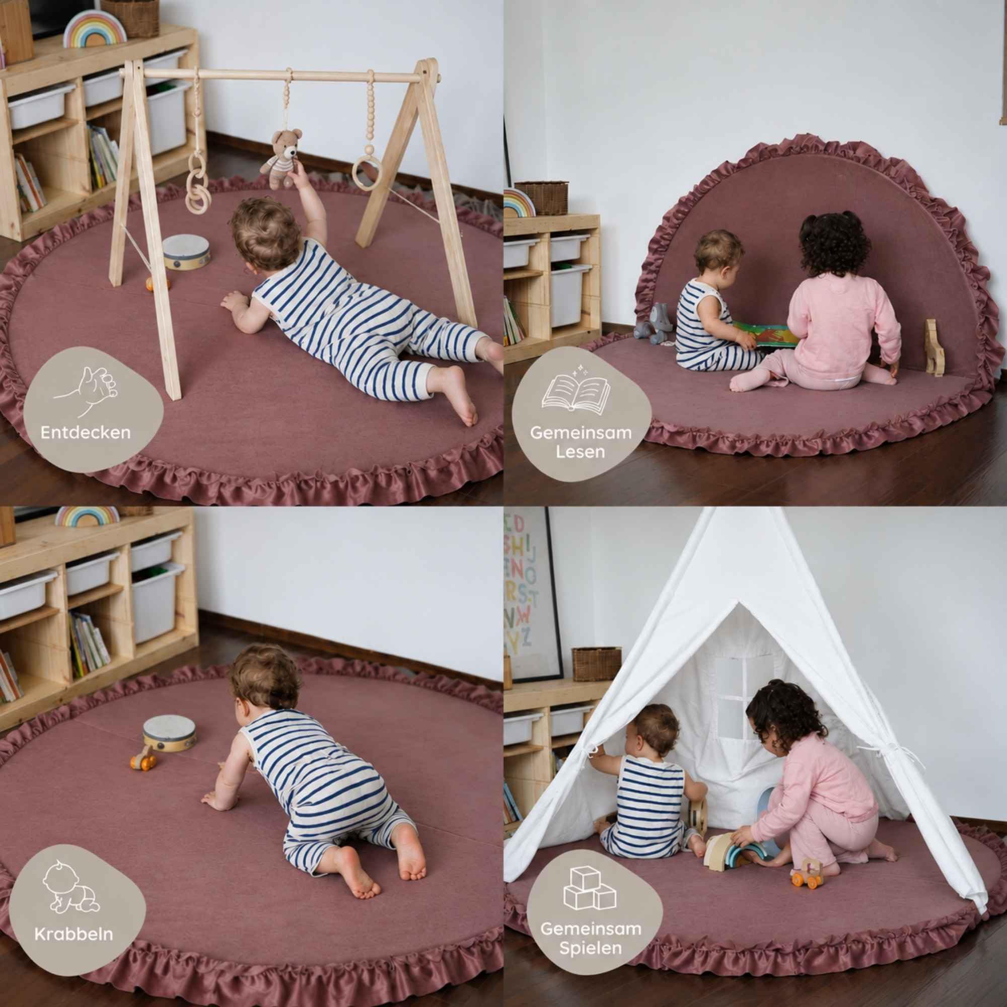 Liya's World Baby Spielmatte Rund, Pink, mit Rüschen | Ø 154cm, Faltbare Krabbelmatte/Babymatte, Aus Samt, Für Kinderzimmer & Babyzimmer, Waschbar & Gepolstert