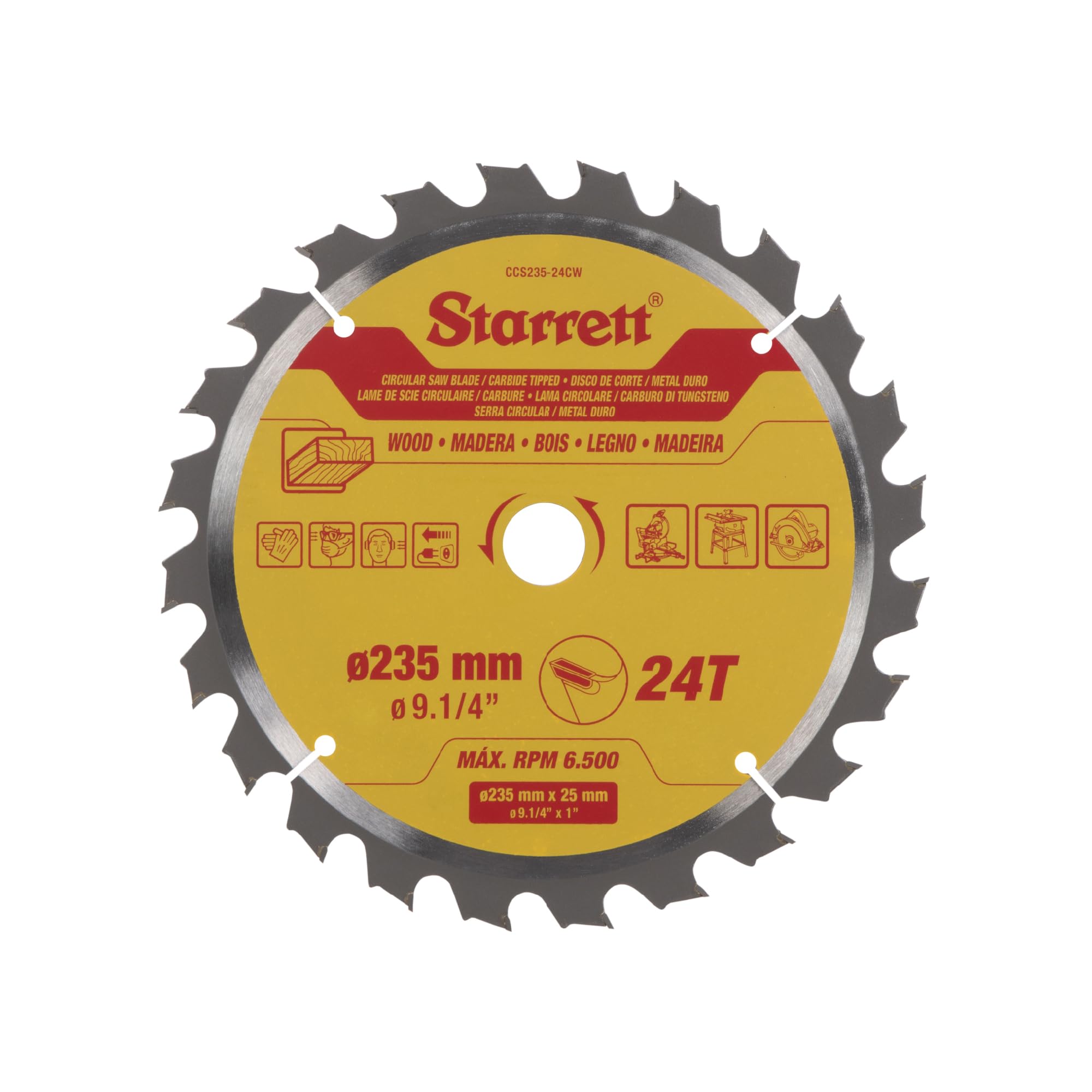 Starrett Lame de scie circulaire TCT 235 mm pour bois, 24 dents, alésage 16/19/25 mm