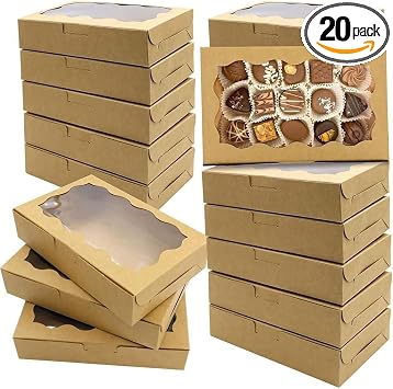 7x4.3x1.5in Kraft Cookie Boxes with Window for Strawberries, 20PCS | Bakery Boxes Takeout Treat Boxes for Cookies, Donuts, Pastry, Strawberries, Macarons