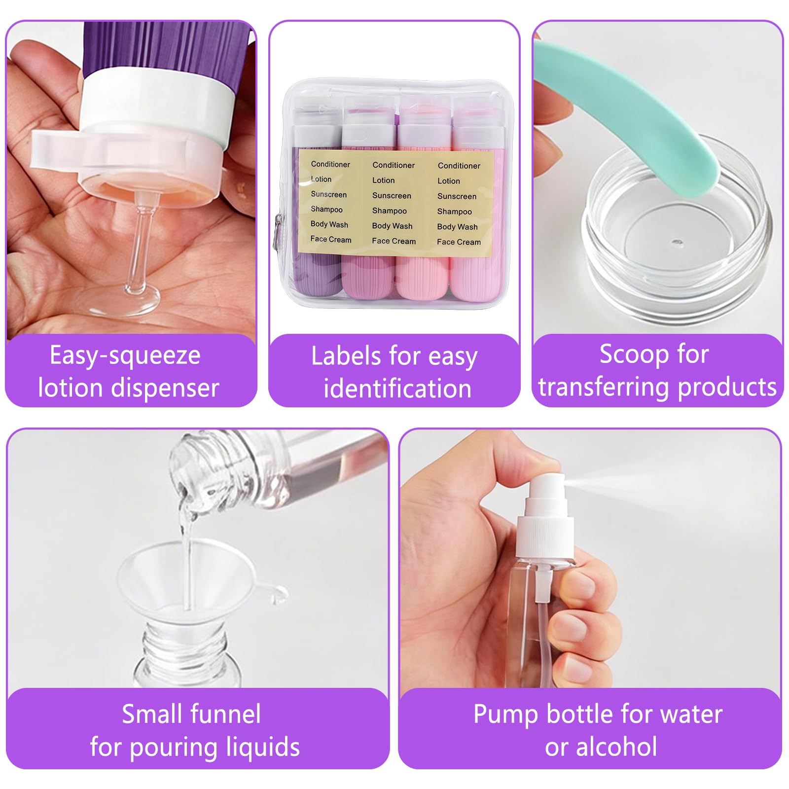 Kit 18 Pezzi Bottiglie da Viaggio in Silicone, Flaconi Riutilizzabili per Shampoo, Lozione e Cosmetici, Etichette Incluse, Perfetto per Liquidi, Creme e Articoli da Bagno
