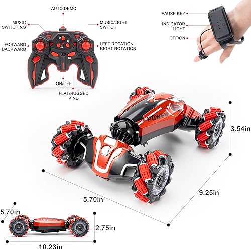 Miniatura 8 de Auto de acrobacias RC con detección de gestos, 4WD Drive Watch Vehículo controlado a distancia, vehículo bidireccional todoterreno con música y