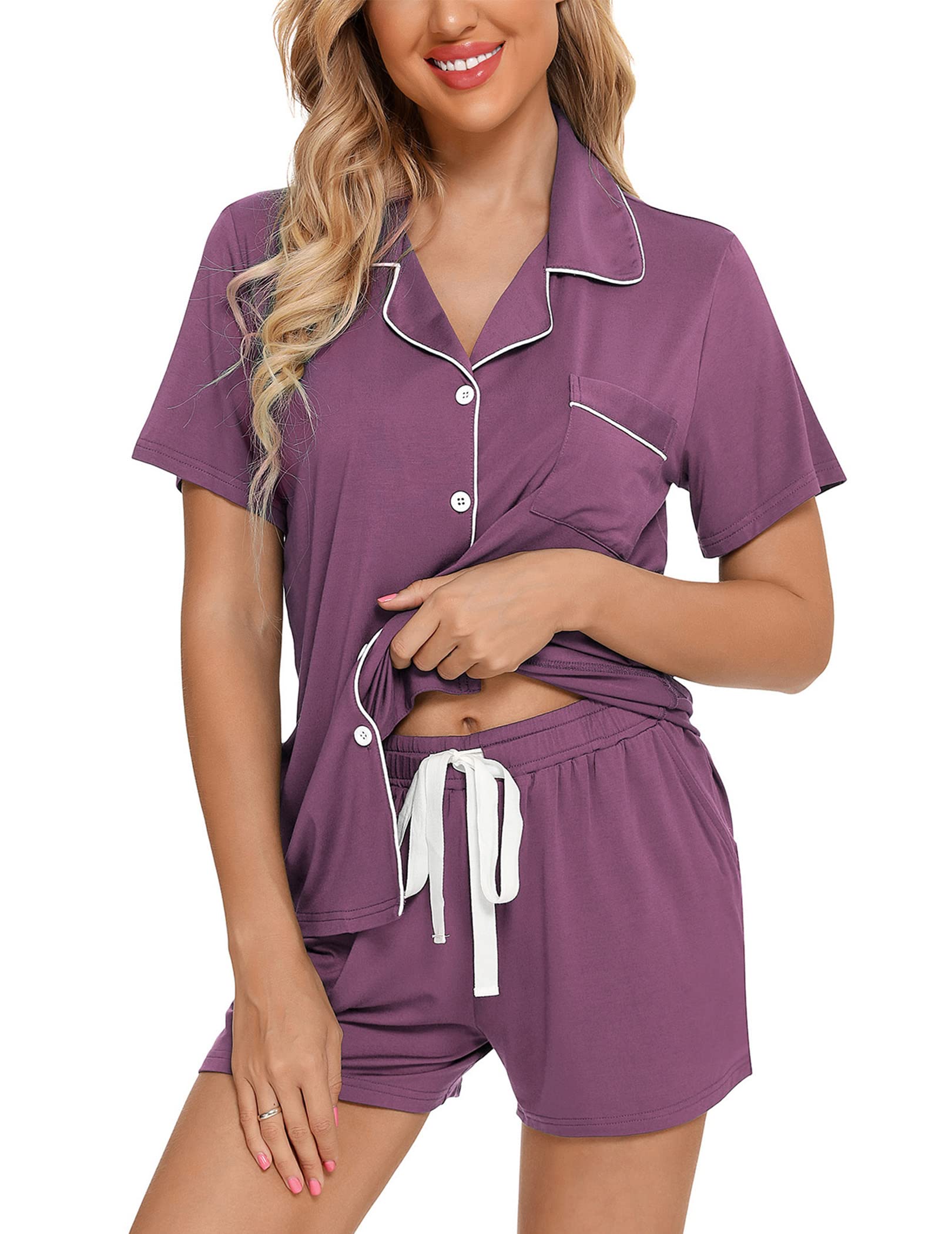 Pjmlifecoco Women's Modal Pajama Set Short Sleeve Button Down Two Piece Soft Sleepwear with Shorts Loungewear S-XXL
