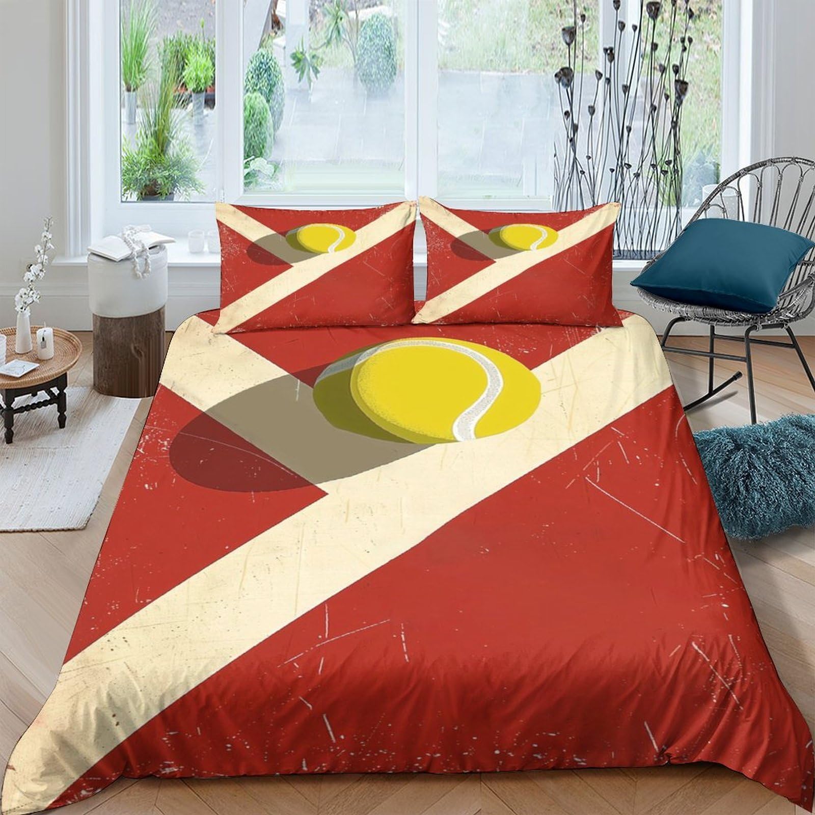 Ctjqhvkz Style-8 3D Printed Tennis Court Fitted Sheet Microfiber Soft Red Yellow Ball Bed Cover For Bedroom Dorm Decor Single（135X200cm）