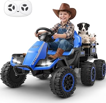 Hikole 24V Ride on Toys Tractor for Kids 3+ w/Trailer, Electric Car, Blue