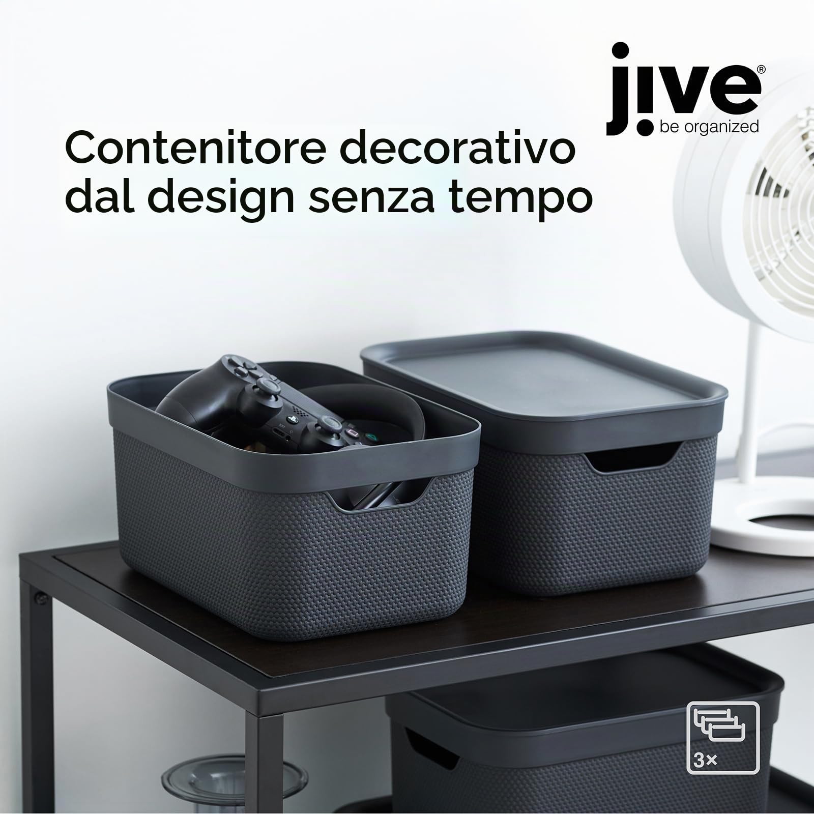 Jive Dekobox - Set da 3 scatole decorative portaoggetti da 5 l con coperchio, plastica (PP riciclato), nero, 3x5 l (26.5 x 18.5 x 13.5 cm)