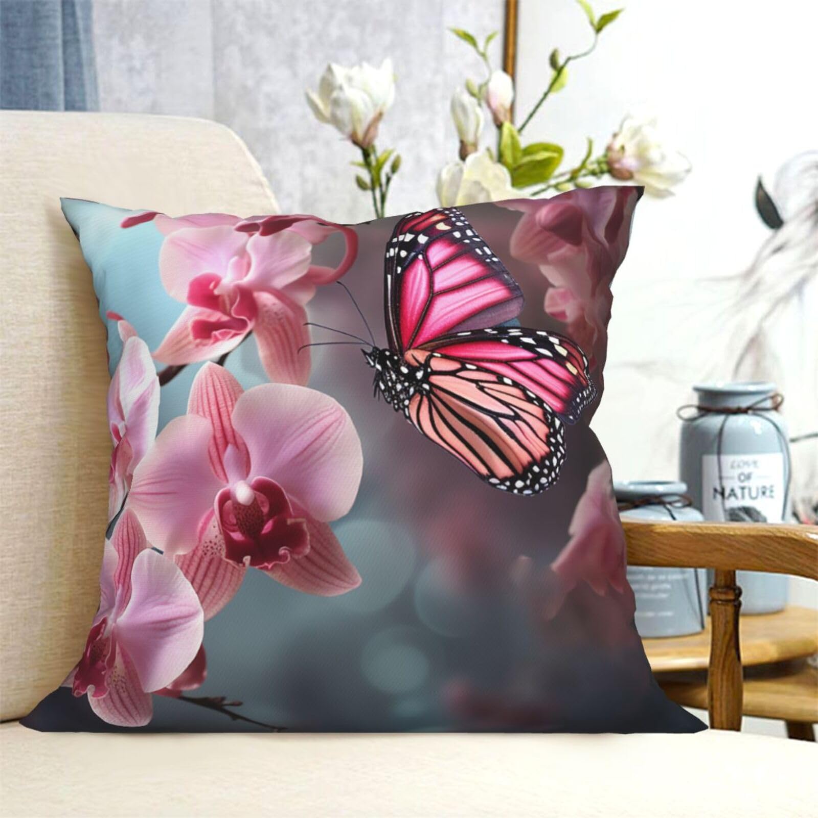Fodpand Black Decorative Throw Pillow Covers 18"X18" Orchid Flower Butterfly Soft Fresh Spring Cushion Cases Square Modern Farmhouse Pillow Cases Soft Cozy Cushion Covers For Home Decor Pillowcase