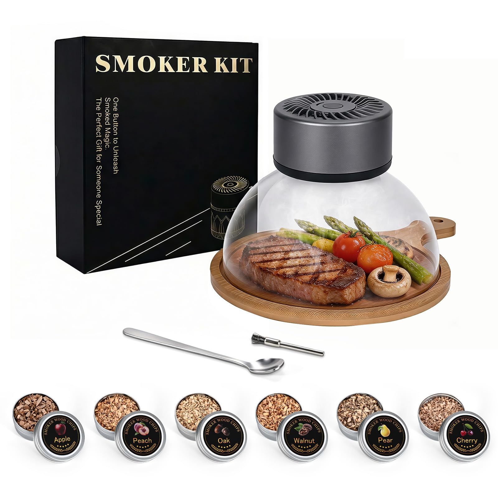 Kit affumicatore elettrico per cocktail, ricaricabile USB-C, senza torcia, per cocktail e cibo, controllo del fumo regolabile, copertura in vetro, vassoio di legno, 6 trucioli di legno (15 cm)