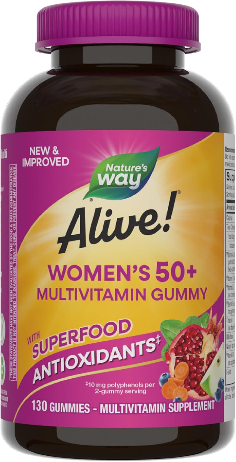 Nature’s Way Alive! Women’s 50+ Daily Gummy Multivitamins, Women’s Supplements, Supports Healthy Heart, Brain & Bones,* B-Vitamins, Mixed Berry Flavored, 130 Gummies (Packaging May Vary) Nature’s Way Alive! Women’s 50+ Daily Gummy Multivitamins, Women’s Supplements, Supports Healthy Heart, Brain & Bones,* B-Vitamins, Mixed Berry Flavored, 130 Gummies (Packaging May Vary)