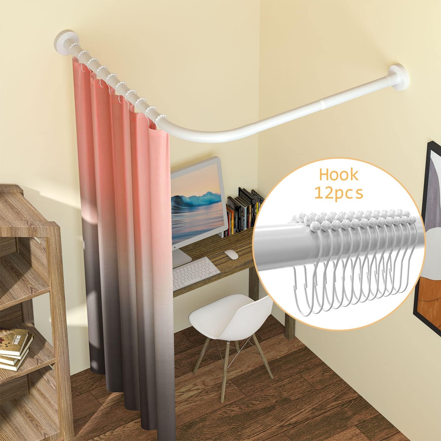 Stretchable 304 Stainless L Shaped Bathroom Bathtub Corner Shower Curtain Rod Rack (White 27"-39"x27"-39"), Drill Free Install, for Bathroom, Clothing Store, Private Space