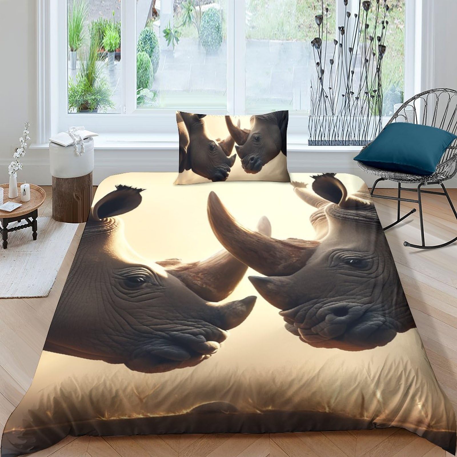 Parure de lit anti-acarien motif rhinocéros pour literie simple 135x200 cm