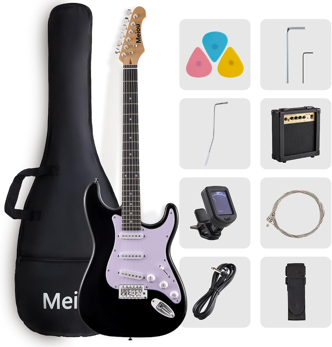 39-Inch Electric Guitar Starter Kit ST Series-Complete starter kit with electric guitar, amp, strap, plectrum, tuner, strings, cable and guitar bag - Suitable for beginners (black)