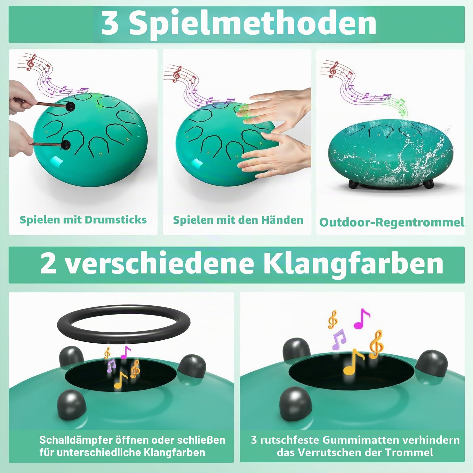 Regentrommel für draußen, 8 Töne, Stahlzunge, Musikinstrument-Trommel, Regenspiel, Regentrommel für Garteninstrument, Chakra-Schlagzeug mit Musikbuch (See blau, 6 Zoll)