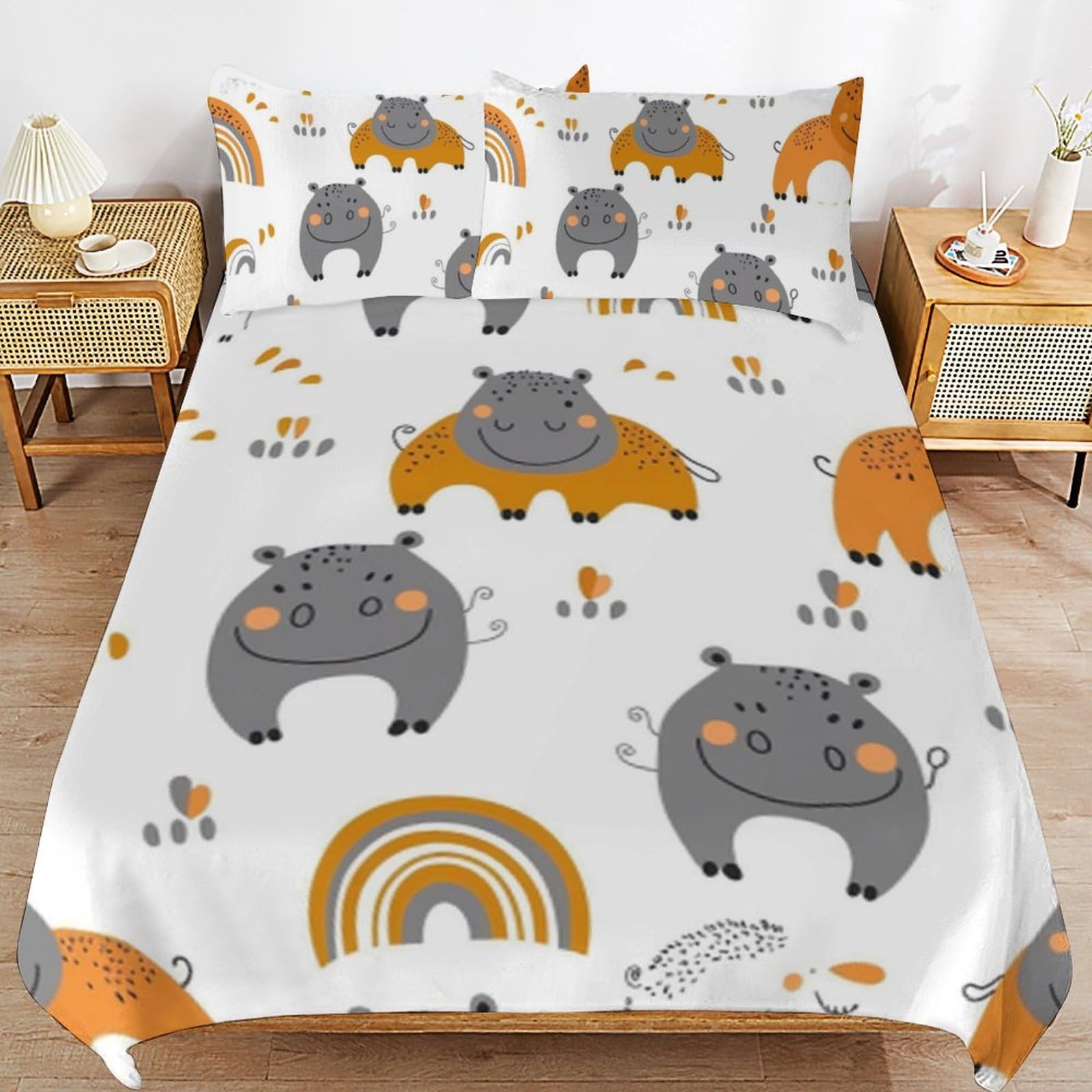 Cama sin arrugas con el juego de ropa de cama de hipopótamo de microfibra