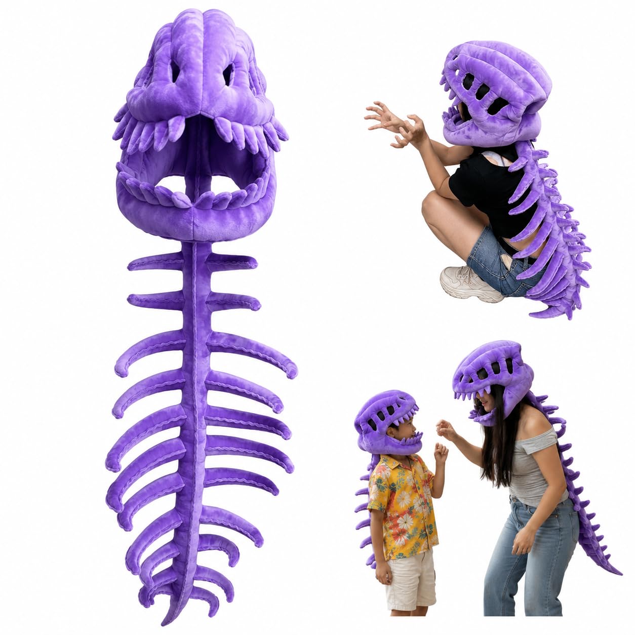 AvviKro Dinosaur Skeleton Costume, Plush Dinosaur Skull Mask with Spine Tail, Dino Cosplay Headgear for Halloween Party (Purple,35.4in)