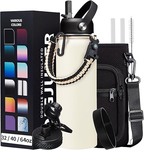 Miniatura 61 de Botella de agua de acero inoxidable aislada al vacío de 40 onzas, mantiene frío 48 h y caliente 24 h, tapa de pajilla y boquilla, funda de Verde