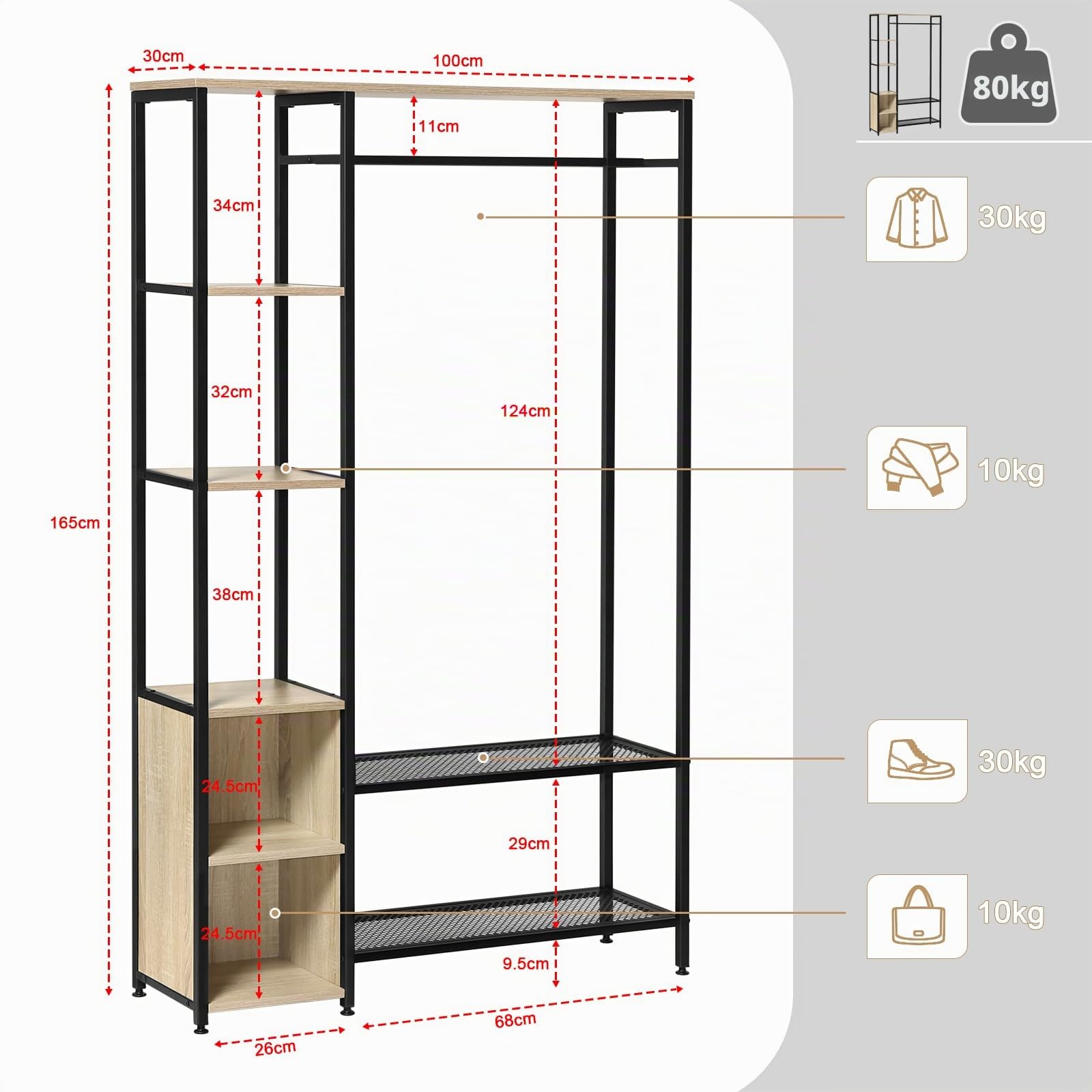 eSituro Perchero Ropa con Zapatero, 2 Estantes, 2 Compartimentos Abiertos y Barra de Colgar, para Entrada Recibidor, Madera+Metal, Roble Claro+Negro