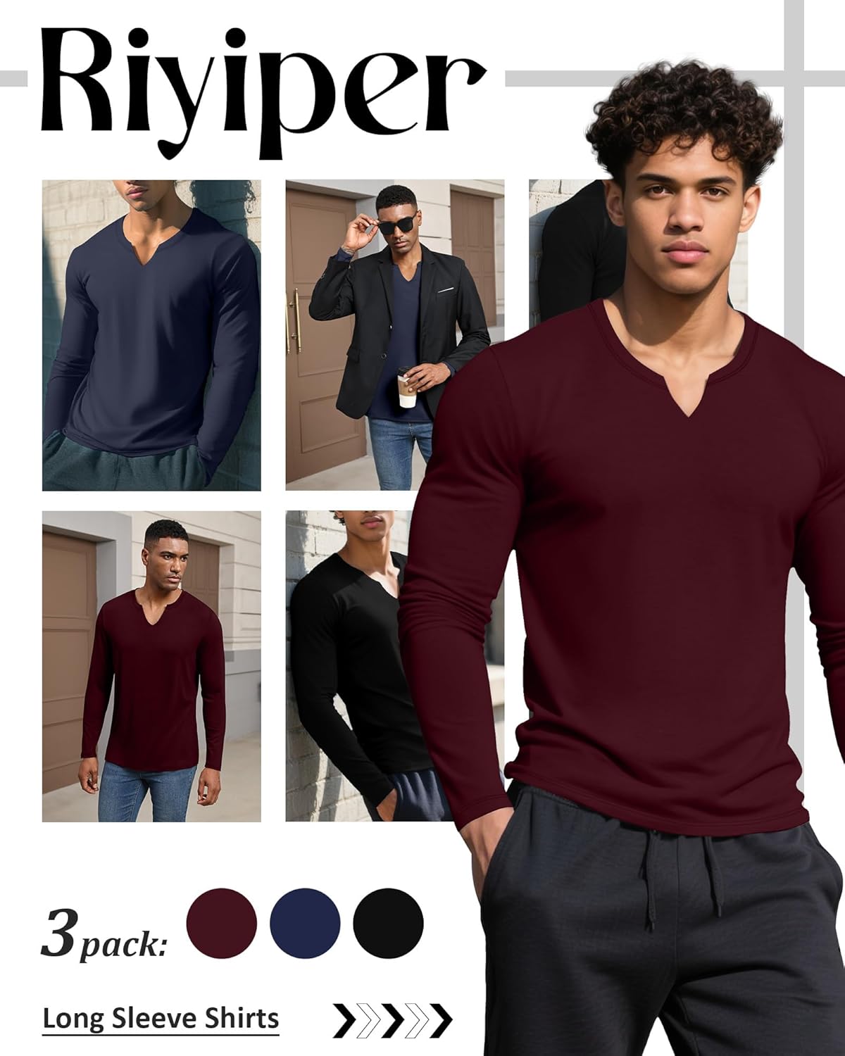 Riyiper 3 Pack Men's Long Sleeve T Shirts, V Neck Longline Henley Cotton Shirts Casual Muscle Tee Stretch Athletic Tops - Image 3