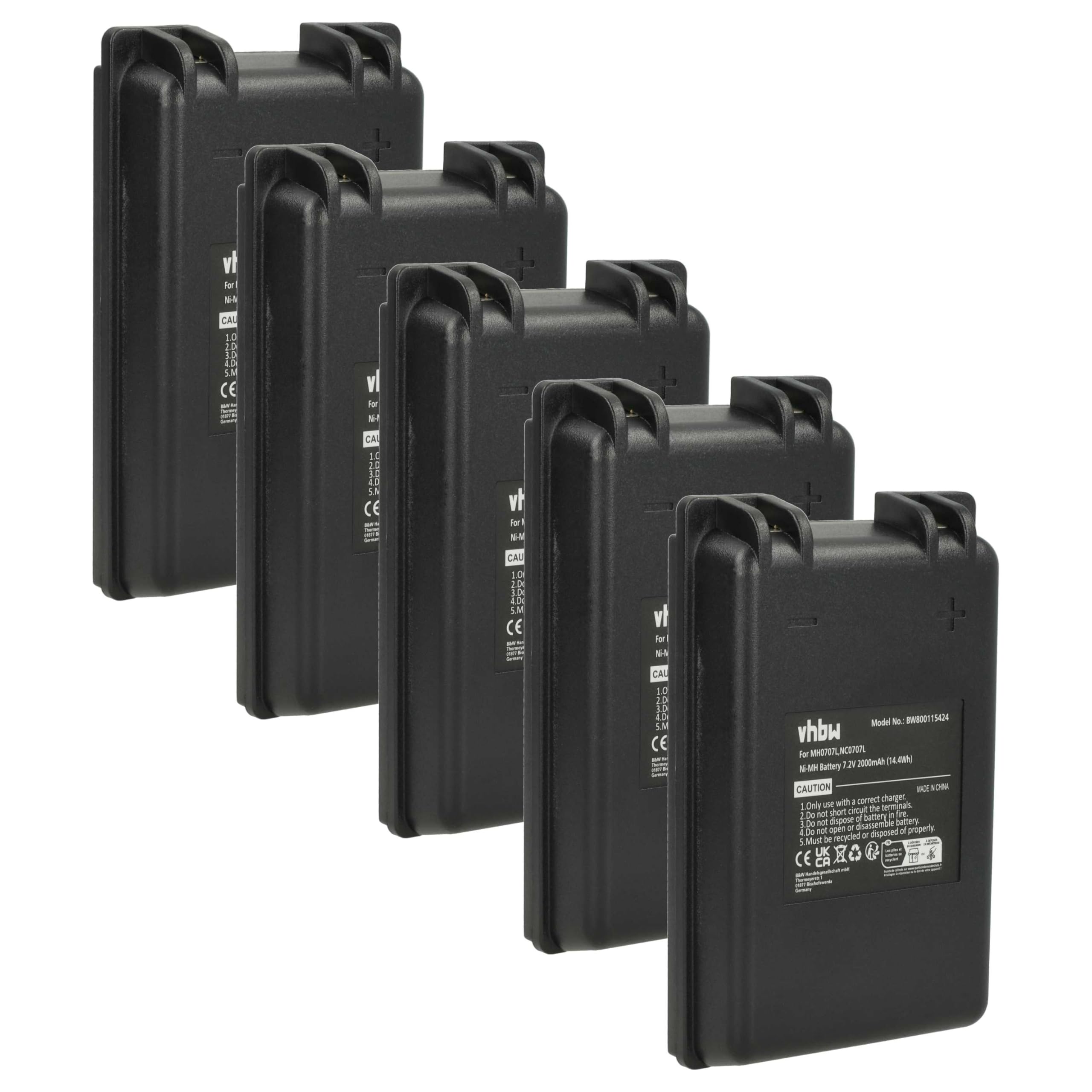 vhbw 5 x zamiennik baterii Autec MH0707L, NC0707L do sterowania radiowego, pilot zdalnego sterowania (2000 mAh, 7,2 V, NiMH) - czarny