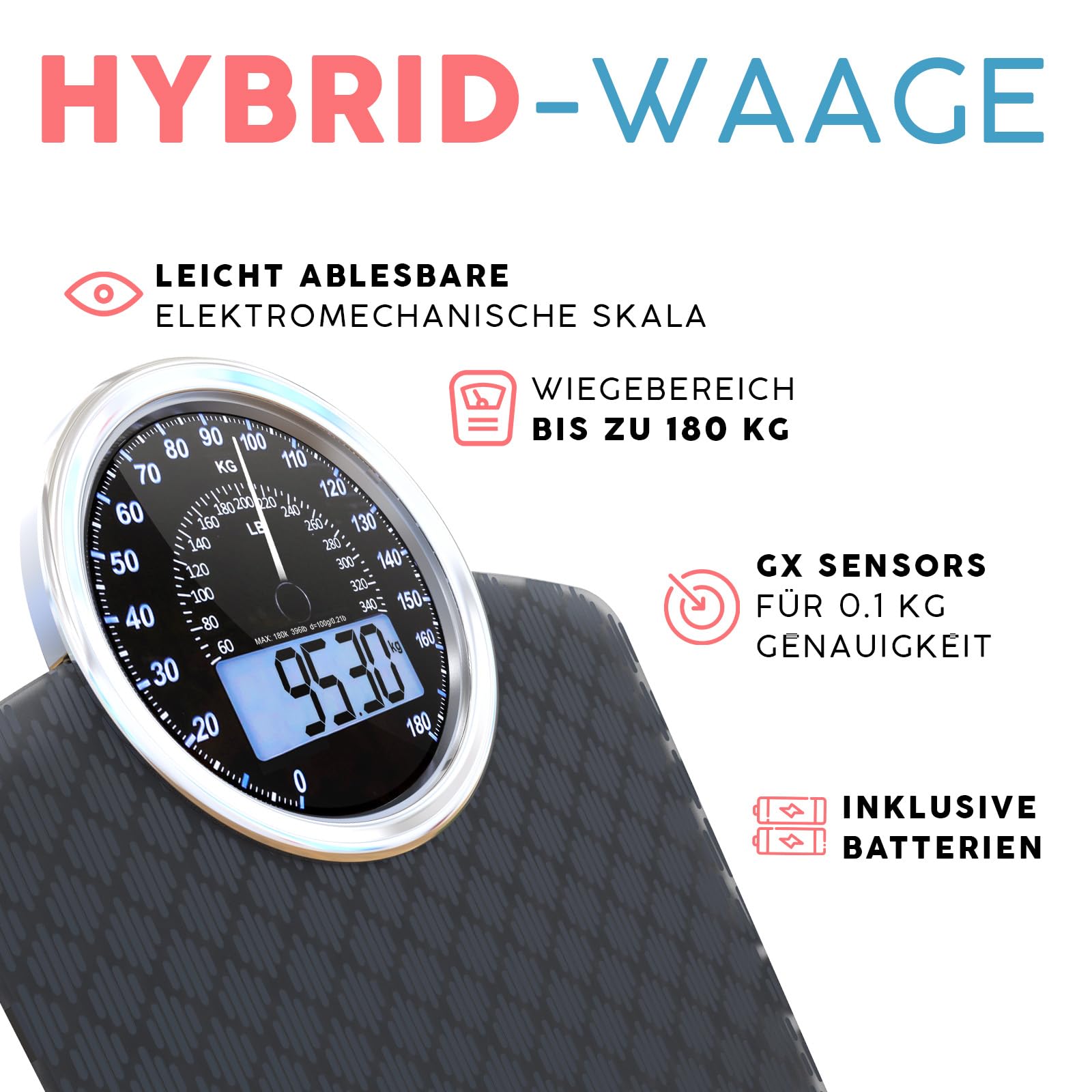 Hybrid Personenwaage - Analog & Digital, Präzise bis 180 kg | Gewicht auf Analogzifferblatt und LCD ablesen. Breite Glasplattform, 3 AAA Batterien inklusive, sofort einsatzbereit.