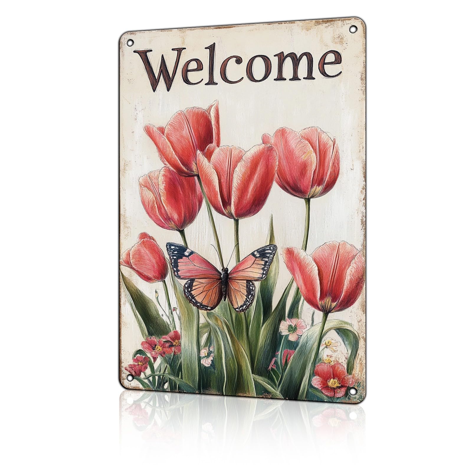 Anceky Aluminum Metal Signs Welcome Flowers And Butterfly Tin Sign for Home Kitchen Retro Decor Yard Garden Outdoor 12×8 Inch