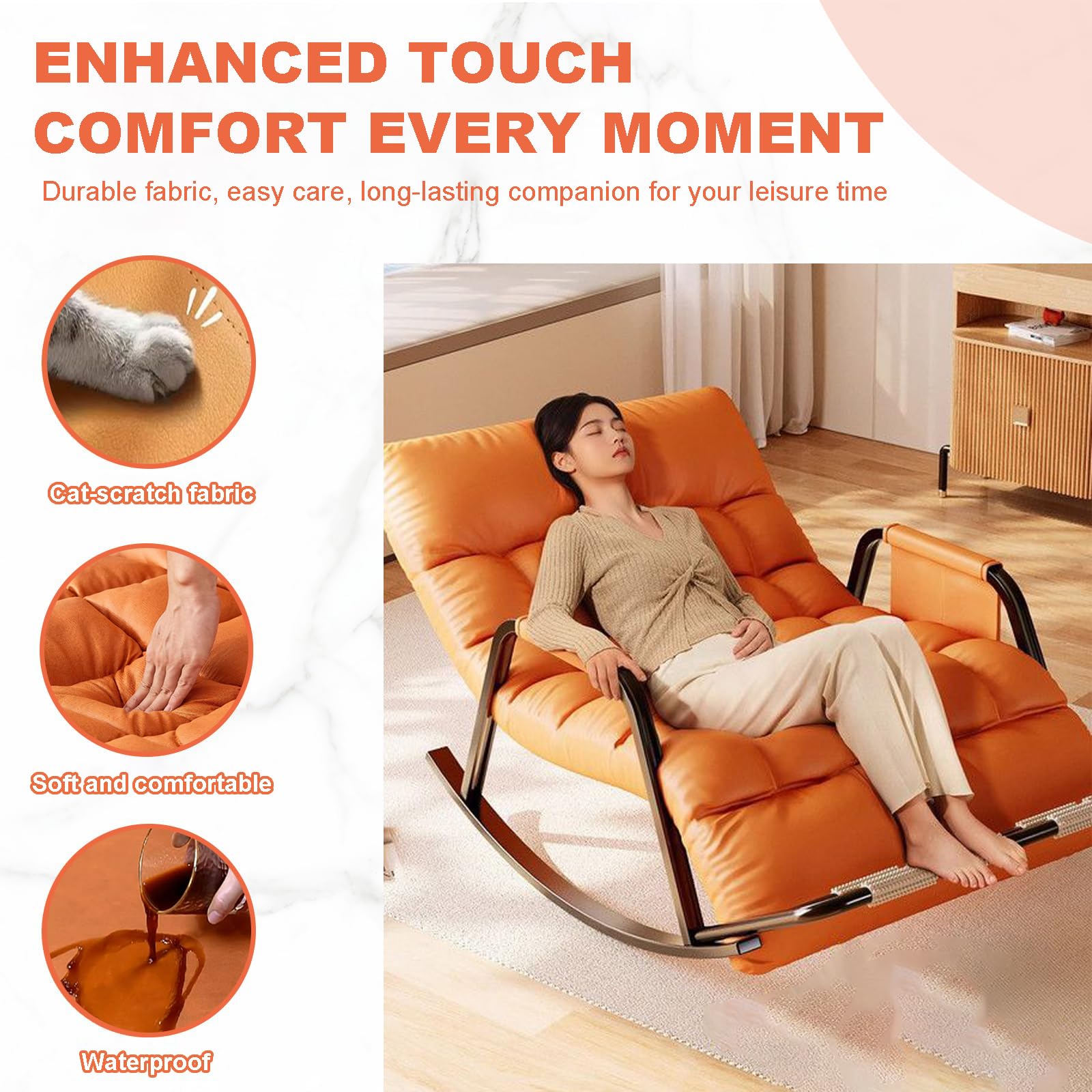 Rocking Chair, Dossier et Pied réglable, Tissu Résistant aux Griffes, Cadre en Acier Carbone, pour Intérieur et Extérieur, Gris & Orange, 93x111x50 cm, Charge Maximale 250 kg(Color:Gris)