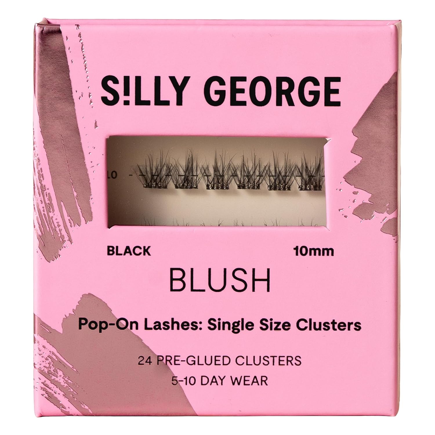 Silly George Single-Size Pop-On Lashes - DIY 1-Step Pre-Glued Faux Eyelash Cluster Kit, Natural Look Extensions, Pack of 24 Individual Clusters, Black - Blush, 10mm