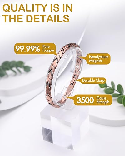 Miniatura 8 de Feraco Pulsera de cobre para hombres y mujeres, 3 veces más fuerza, 2 pulseras de terapia magnética de cobre con potentes imanes de 3800 Gauss,