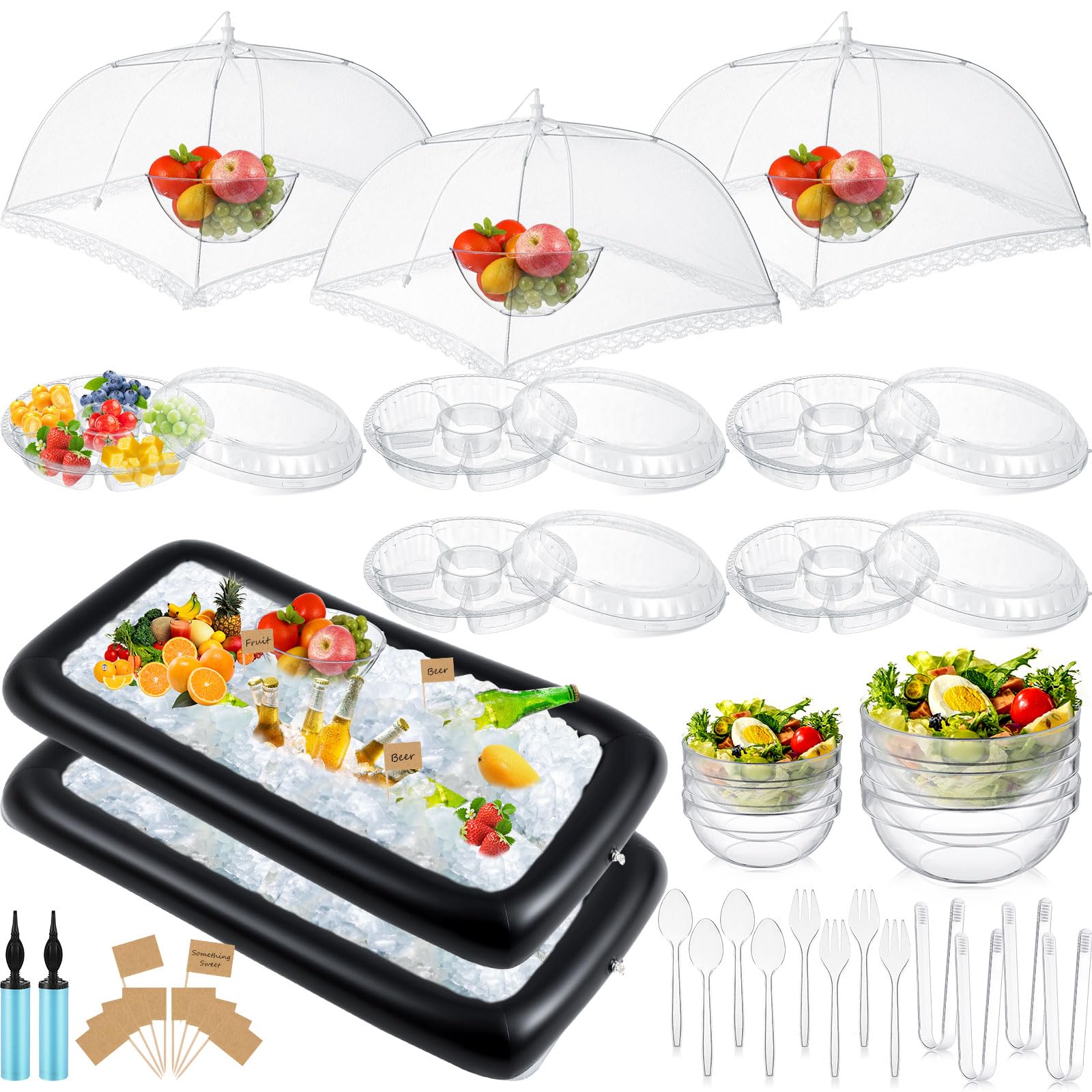 128 Pcs Inflatable Cooler for Parties 2 Inflatable Serving Bars Buffet Cooler for Parties 3 Food Cover 6 Salad Bowl 12 Serving Utensils 5 Plastic Appetizer Tray 100 Labels(Black)