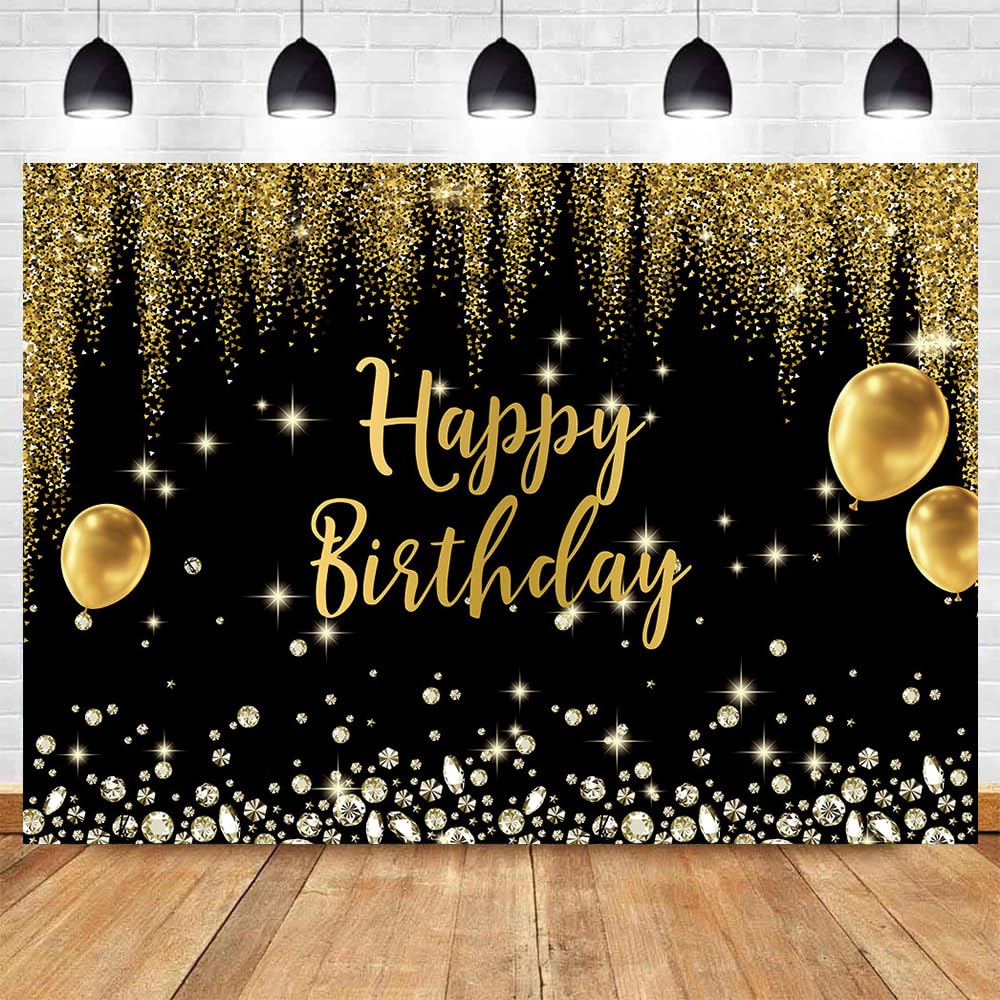 DOTOOMA 7X5FT Black Gold Happy Birthday Photography Backdrops Diamond Gold Balloon Bokeh Glitter Baby Shower Party Photo Background Indoor Outdoor