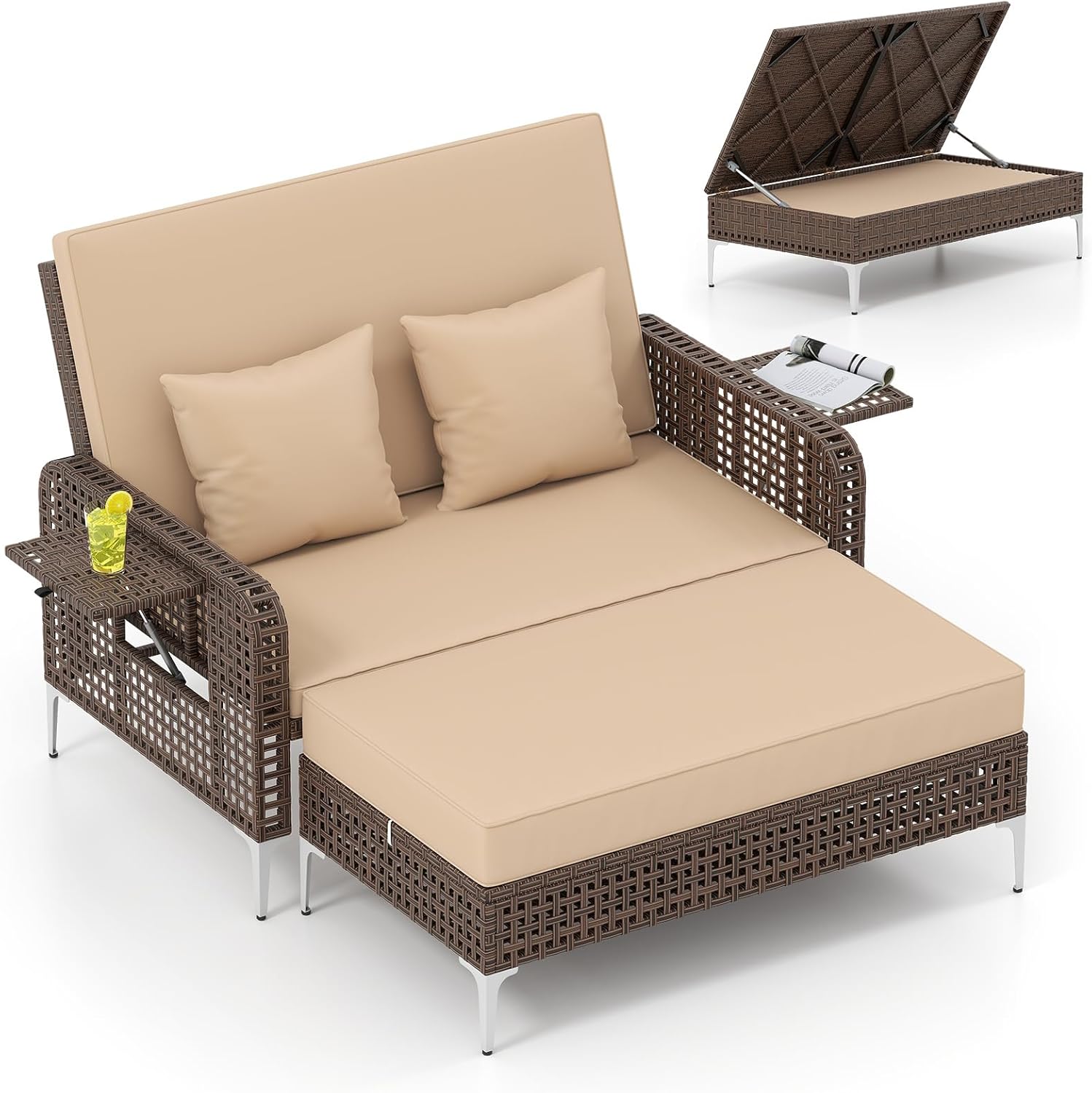 Tangkula Patio Rattan Daybed with 4-Level Adjustable Backrest, Boho Outdoor Wicker Loveseat & Storage Ottoman with Cushion, 2-Person Sun Lounger with Folding Tables for Poolside, Backyard & Garden