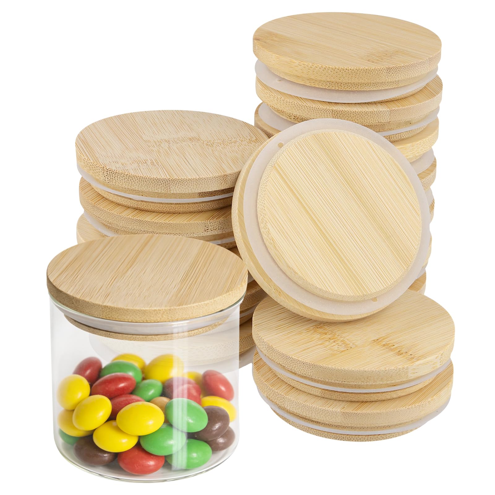 CHEUNGR 15 Pack 80mm Bamboo Lids, Wooden Lids with Silicone Sealing Rings, Reusable Bamboo Jar Lids for Gu Pot, Glass Jars, Yoghurt Can