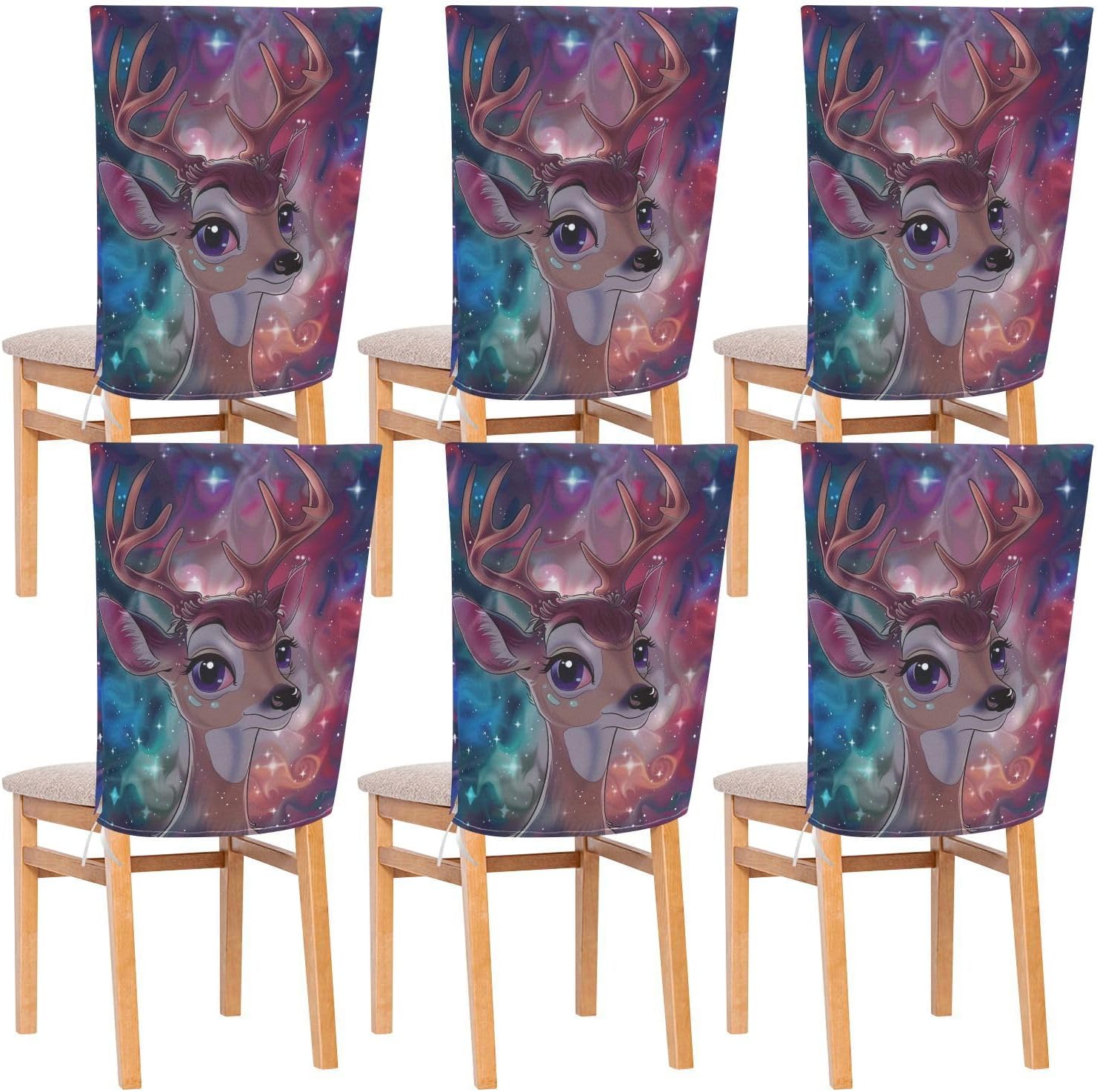 ALAZA Cute Deer in The Galaxy Chair Back Cover Set of 6, Washable Reusable Removable Chair Slipcovers Decorative Chair Cover for Home Kitchen Wedding Party