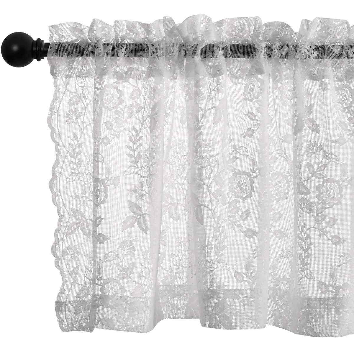 FINECITY White Lace Valance Curtain for Kitchen Window, Short Cafe Curtain 18 Inch Length for Small Windows, Rod Pocket Vintage Floral Lace Sheer Window Valance Curtain, 52 x 18 Inch, 1 Panel, White