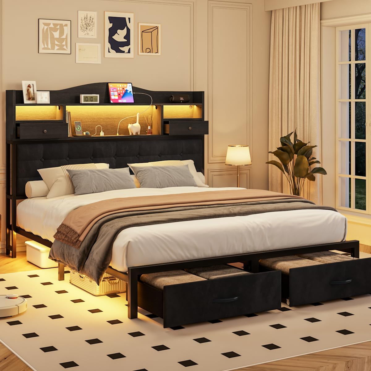 Queen Bed Frame with Storage Headboard and Drawers, Metal Platform Black Bed Frame Queen Size with LED Lights and Charging Station, Velvet Upholstered Tufted Bed Frames, No Box Spring Needed